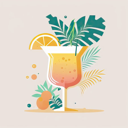 Tropical cocktail with fruits and palm foliage AI generative illustration. Alcohol drink wineglass for exotic party flat color illustrationの素材