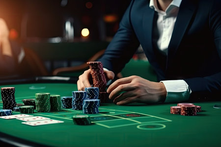 Casino Dealer, Gambling Table, Poker Concept, Croupier is Waiting for Player, Redy to Play Cards at Green Casino Table, Generative AI Illustrationの素材