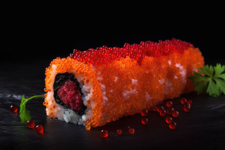 Red Caviar Sushi Rolls, Traditional Japanese Susi, Caviar Sushi Set on Dark Background, Abstract Generative AI Illustrationの素材