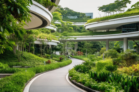 Modern Green Architecture, Future Skyscraper Buildings in Gardens, Ecology City, Modern Green Architecture, Abstract Generative AI Illustrationの素材