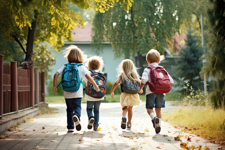 Elementary School Kids Running into School, Fun Kids Return Home from School Back View, Schoolchildren Group Running Home, School Holidays Concept, Generative AI Illustrationの素材