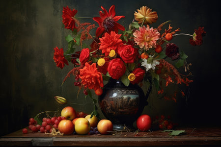 Red Flower Still Life Bouquet in Vintage Vase, Flowers Art, Ancient Dutch Masters Painting Oil Canvas Imitation, Abstract Generative AI Illustrationの素材