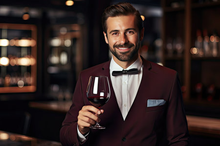 Sommeliers Hold Glass, Red Wine Tasting, Degustation Card, Male Sommeliers Drinks Wine, Restaurant Expert, Generative AI Illustrationの素材