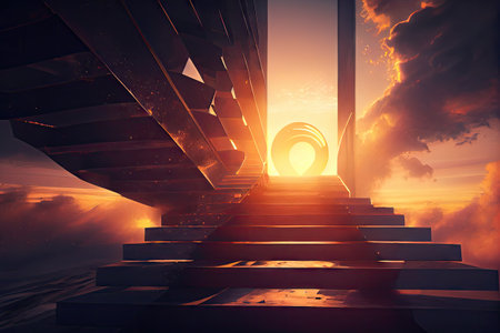 Heaven Stairs, Road to Light, Paradise Sky, Afterlife Way Drawing Imitation, Steps to Heaven Abstract Generative Ai Illustrationの素材