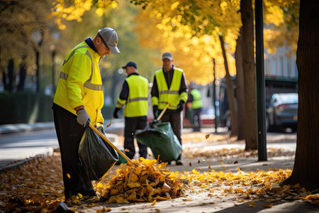 Street Cleaners Sweeping Fallen Leaves Outdoors on Autumn Day, Yellow Fallen Leaves, City Park Cleaning, Streets Cleaner in Uniform, Generative AI Illustrationの素材