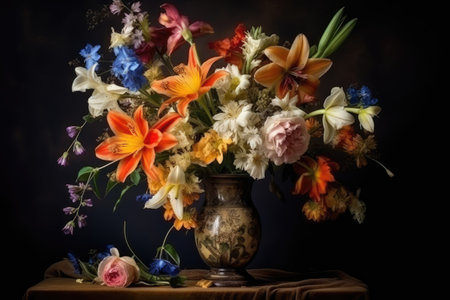 Flower Still Life Bouquet in Vintage Vase, Wild Flowers, Ancient Dutch Masters Painting Oil Canvas Imitation, Abstract Generative AI Illustrationの素材