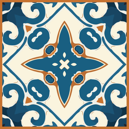 Blue Tiles Background, Old Fasion Retro Azulejo Mosaic Tile, Vintage Portuguese Wall Ceramic Seamless Pattern, Blue Abstract Flower Tileのイラスト素材