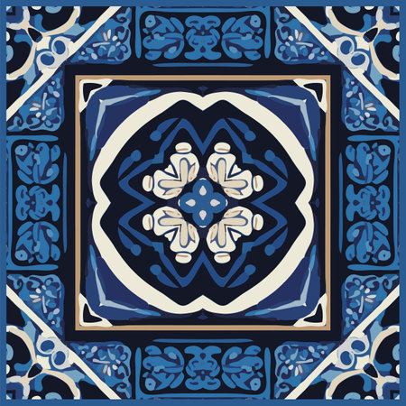 Blue Tiles Background, Old Fasion Retro Azulejo Mosaic Tile, Vintage Portuguese Wall Ceramic Seamless Pattern, Blue Abstract Flower Tileのイラスト素材