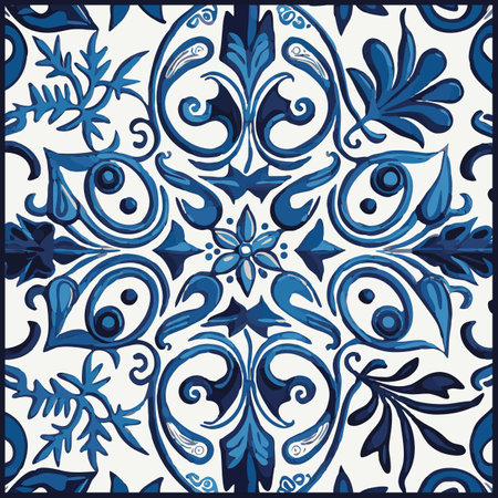 Blue Tiles Background, Old Fasion Retro Azulejo Mosaic Tile, Vintage Portuguese Wall Ceramic Seamless Pattern, Blue Abstract Flower Tileのイラスト素材