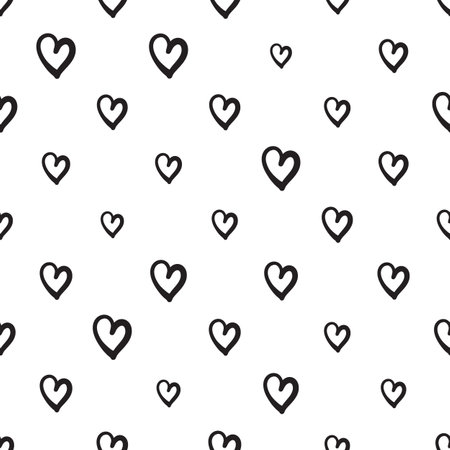 Hand Drawn Heart Seamless Pattern, Love Doodle Tile, Sketch Brush Hearts, Black White Valentine Background, Heart Seamless Vector Illustrationのイラスト素材