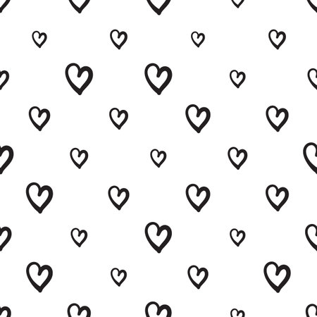 Hand Drawn Heart Seamless Pattern, Love Doodle Tile, Sketch Brush Hearts, Black White Valentine Background, Heart Seamless Vector Illustrationのイラスト素材