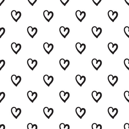 Hand Drawn Heart Seamless Pattern, Love Doodle Tile, Sketch Brush Hearts, Black White Valentine Background, Heart Seamless Vector Illustrationのイラスト素材