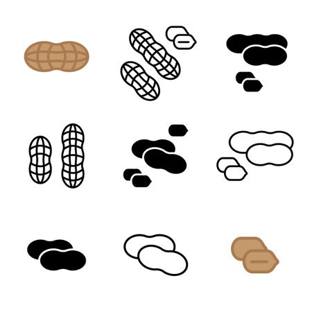 Peanut Icon Set, Groundnut Pictogram, Pea Nuts Snack Symbol, Peanuts Sign, Simple Line Peanut Nutshell Icon, Minimal Vector Illustrationのイラスト素材