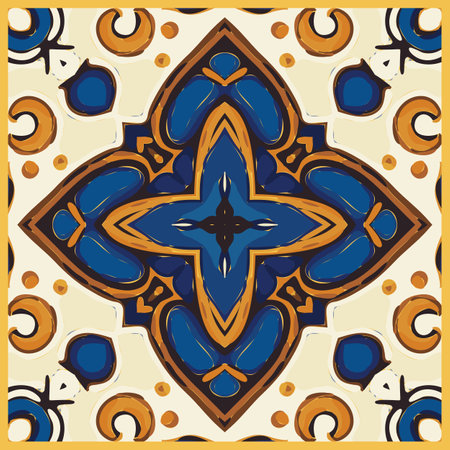 Blue Tiles Background, Old Fasion Retro Azulejo Mosaic Tile, Vintage Portuguese Wall Ceramic Seamless Pattern, Blue Abstract Flower Tileのイラスト素材