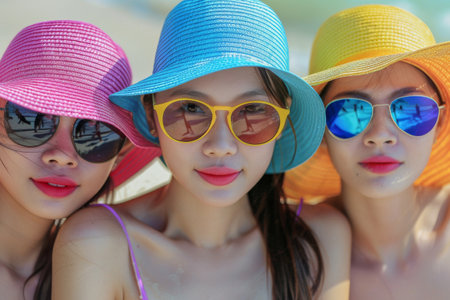Three Beautiful Asian Girls on Beach, Pretty Women Wearing Color Hats, Girls Relax Sunbathing on Summer Beach, Happy Travel Holidays Concept, Generative AI Illustrationの素材