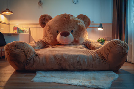 Teddy Bear Large Bed, Couch in form of Stuffed Toy, Cozy Bedroom with Soft Toy as Bed in Interior, Unusual Beds Design, Generative AI Illustrationの素材
