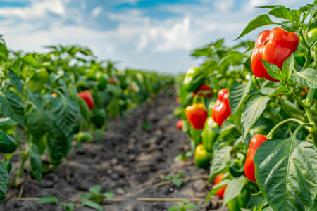 Bell Pepper Field, Bell Pepper Crop, Many Bell Peppers, Bell Pepper Leaves, Bell Pepper Agriculture Landscape, Vegetable Farm, Generative AI Illustrationの素材