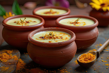 Mishti Doi, Traditional Bengali Food, Sweet Creamy Yogurt Dessert with Caramelized Sugar in Clay Pots, Generative AI Illustrationの素材