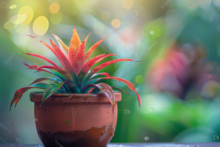 Bromeliad (Bromeliaceae genera) in Flowerpot Closeup, Bromeliad Macro House Plant in Flowerpot on Blurred Background, Copy Space, Generative AI Illustrationの素材