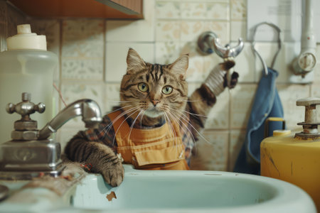Cat Plumber, Handsome Positive Sanitary Technician Cat, Cat Repair Plumbing, Sink Installation, Faucet Installation, Generative AI Illustrationの素材