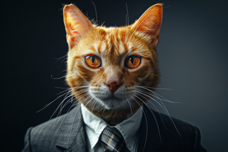 Cat in a Business Suit, Animal Businessman, Serious Pet Boss, Red Cat Headed Man in a Formal Business Suit, Generative AI Illustrationの素材
