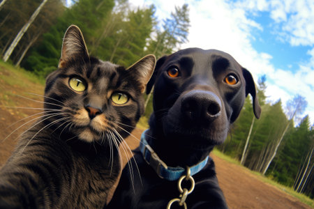 Selfie Cat and Dog Portrait, Two Cats Make Self Picture, Funny Kitten, Generative AI Illustrationの素材
