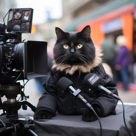Journalist Cat, Professional Serious Cat with Microphone and Digital Camera, Pet Reporter, Generative AI Illustrationの素材