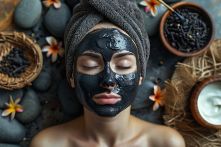 Charcoal Facial Mask on Woman Face, Black Clay Mask, Relaxing Face, Spa Skin Treatment, Generative AI Illustrationの素材