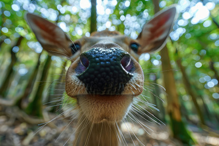 Deer Close up Portrait, Fun Animal Looking into Camera, Deer Nose, Wide Angle Lens, Funny and Adorable Animal, Oversized Cute Nose, Generative AI Illustrationの素材