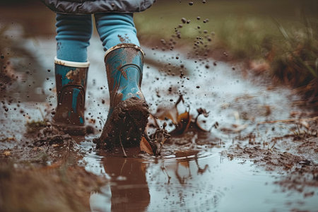 Child Feet in Dirty Puddle Close-Up, Small Rubber Boots in Mud, Mud Boosts Kids Immune System, a Child Jumps in Dirty Puddle, Generative AI Illustrationの素材