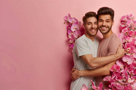 Gay Hugging, Two Men are Embracing in Flowers, Boyfriend Couple Hugging, Blurred Background, Copy Space Romantic Card, Generative AI Illustrationの素材