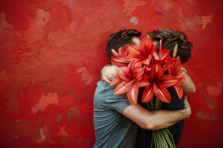 Gay Hugging, Two Men are Embracing in Flowers, Boyfriend Couple Hugging, Blurred Background, Copy Space Romantic Card, Generative AI Illustrationの素材