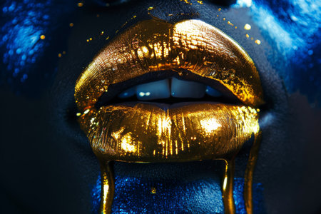 Gold Paint Drips From Lips, Lipgloss Dripping, Golden Liquid Drops on Beautiful Model Girl's Mouth, Beauty Woman Makeup Close Up, Generative AI Illustrationの素材