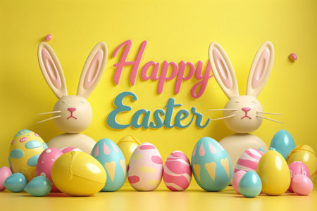 Happy Easter 3d Festive Easter Banner, Easter Bunny and Eggs in Basket on Yellow Background, Happy Easter Greeting Card, Generative AI Illustrationの素材