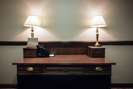 Hotel Room Desk, Work Table in Hotel Bedroom, Modern Furniture, Room Desk Generative AI Illustrationの素材