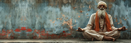 An Elderly Indian Man Meditates, A Yogi in the Lotus Position Banner, Copy Space Generative AI Illustrationの素材