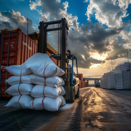 Forklift Handling White Bags, Loading Fertilizer Bags into Containers, Sugar Bags Distribution, Warehouse Operation, Shipment, Delivery Concept, Generative AI Illustrationの素材