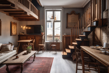 Comfortable Vintage Hotel Room in Old Castle, Retro Furnished Empty Bedroom with Large Arch Windows and Stone Walls, Generative AI Illustrationの素材