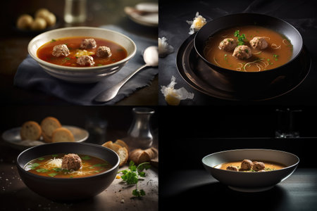 Meatball Soup Collage, Mexican Albondigas, Spicy Food with Meat Balls, Meatball Soup on Dark Background, Abstract Generative Ai Illustrationの素材