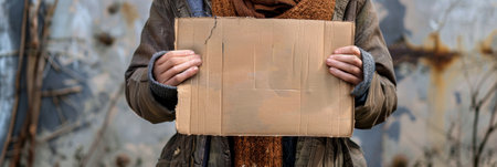 Homeless woman hold cardboard with copy space, drug addict, protesting woman, refugees asking for money, volunteer, expressing opinions on street, right of women, generative ai illustrationの素材