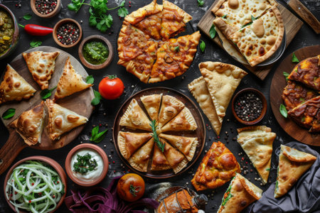 Asian Pies Set with Qutab, Homemade Samosa, Indian Samsa, Traditional Uzbek Burekas Stuffed with Meat, Gozleme with Cheese on Dark Rustic Background, Generative AI Illustrationの素材