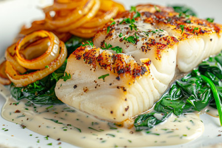 Baked Halibut Fillet, Grilled Sea Food, White Fish, Pollock or Cod Steak with Parsnip Cream, Fried Onions, Generative AI Illustrationの素材