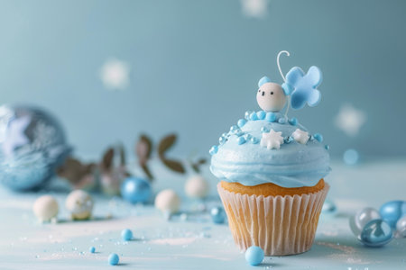 Baby Shower Cupcake for Boy with Blue Topper on Blurred Background with Copy Space, Generative AI Illustrationの素材
