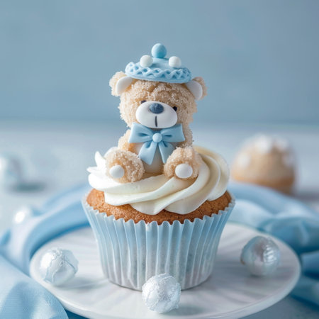 Baby Shower Cupcake for Boy with Blue Topper on Blurred Background with Copy Space, Generative AI Illustrationの素材