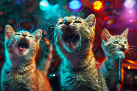 Singing Cats, Disco of 80s, Concert of 90s, Karaoke with Kittens, Cat Disco, Funny Kitten Singer, Abstract Generative AI Illustrationの素材