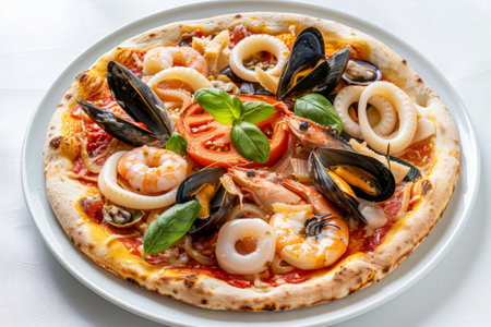 Seafood Pizza, Pizza Ai Frutti Di Mare with Squid Rings, Mussels and Shrimps with Tomato Sauce, Basil and Mozzarella Closeup, Generative AI Illustrationの素材
