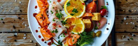 Seafood Plate, Raw Fish Mix on White Plate, Salted Salmon, Trout, Tuna, Smoked Chicken Fillet, Croutons, Olives and Greens, Generative AI Illustrationの素材