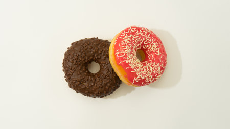 Donuts isolated on white background. Tasty glazed donuts closeup.の写真素材