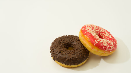 Donuts isolated on white background. Tasty glazed donuts closeup.の写真素材