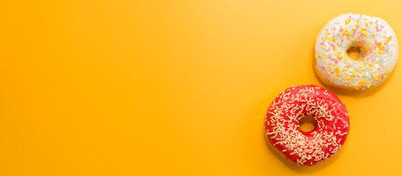 Donuts isolated on yellow background. Delicious glazed donuts close-up.の写真素材